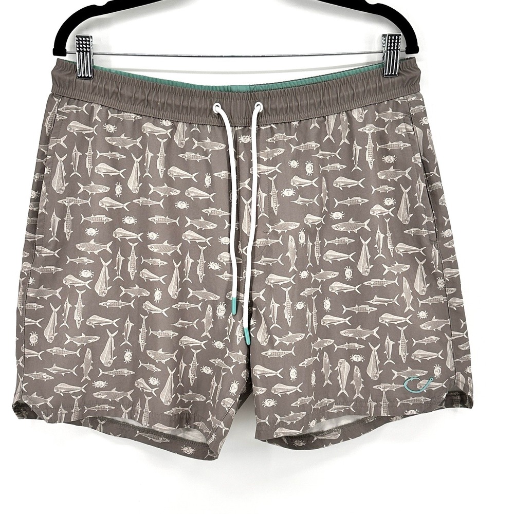 Reel Life Branson Trunk Mens Size L Fish Hook Print Swim Short Gray